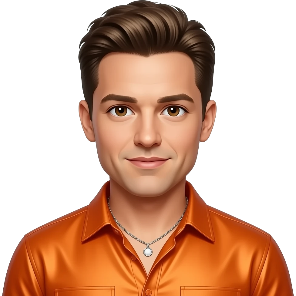 Donnie Wahlberg from NKOTB with brown eyes, dark blonde butch hair, orange metallic shirt, necklace emoji