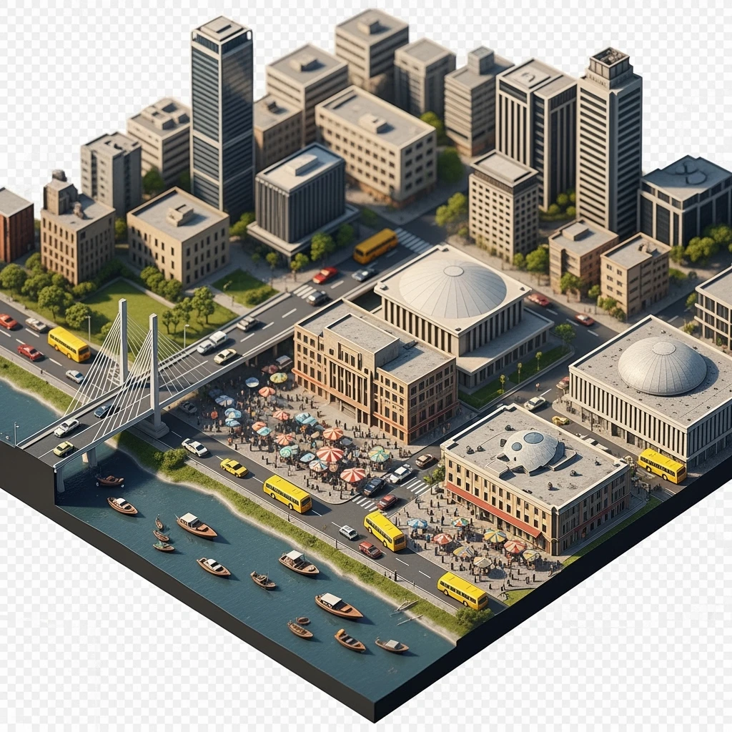 Isometric miniature of Lagos Nigeria 3D miniature effect and Tilt Shift effect, no cartoonish look, transparent background, don't cut angles emoji