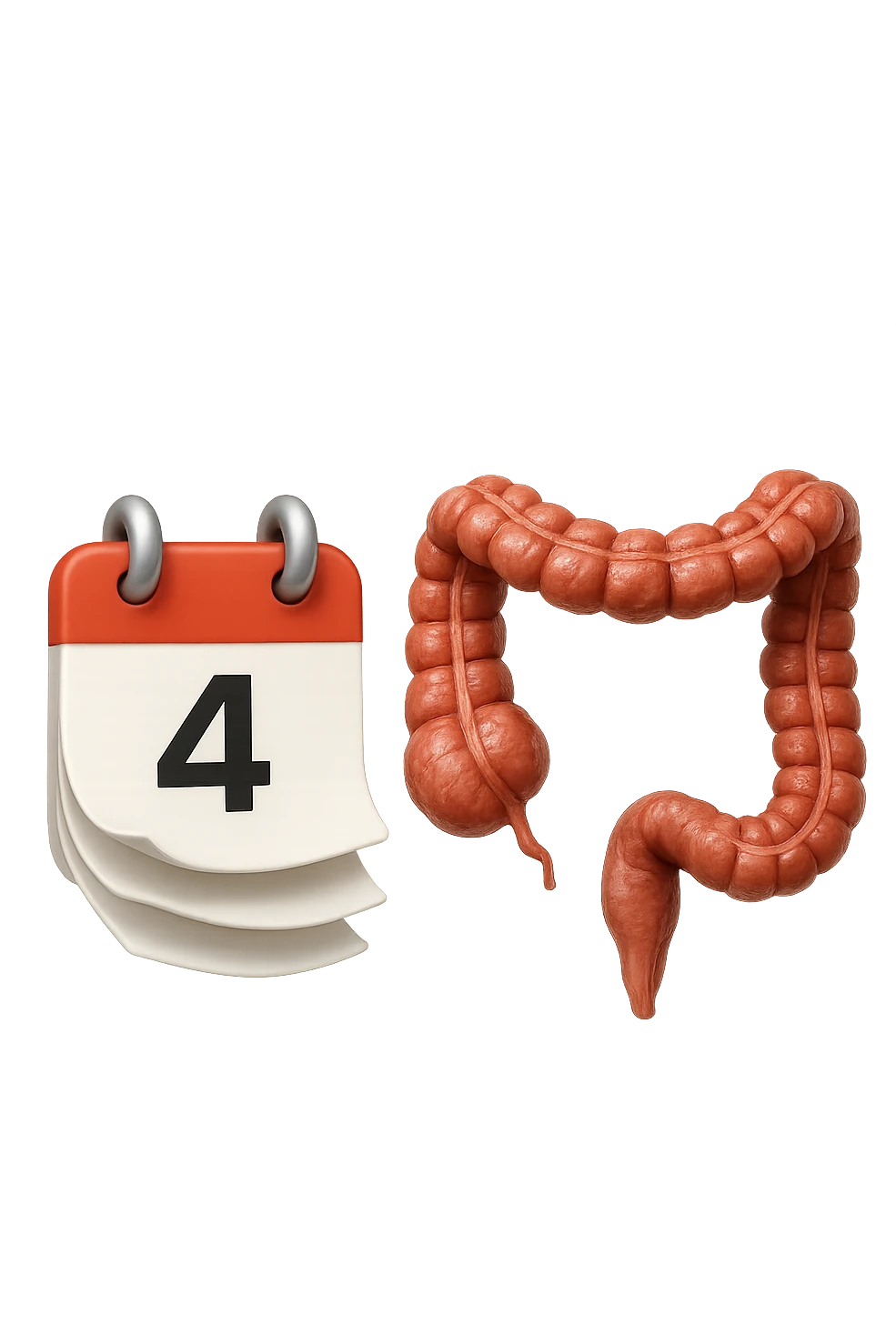 emoji stile iphone di un calendario con fogli che volano insieme a pezzi anatomici di colon umano, iperrealistico 4k, isolato su sfondo bianco emoji