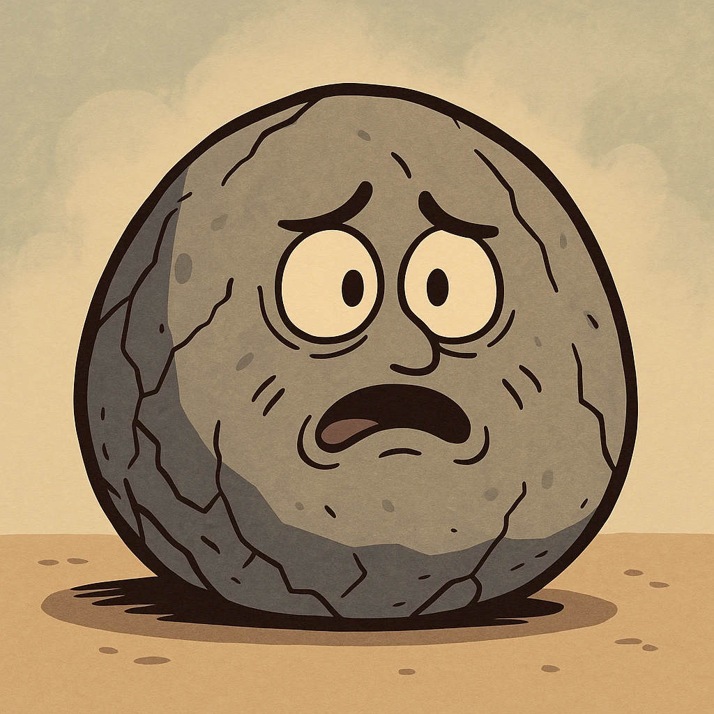 a round rough stone, stylized cartoon look, bold outlines emoji