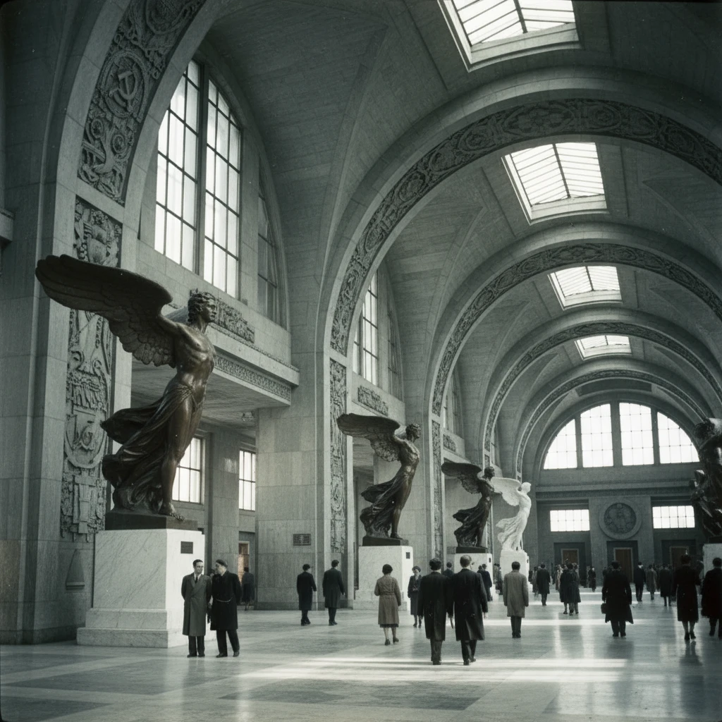 Дом Аэрофлота Чечулина изнутри. Огромные арки и скульптуры Икара, на фоне которых люди очень маленькие 

Стиль - архивные цветные фотодокументы emoji