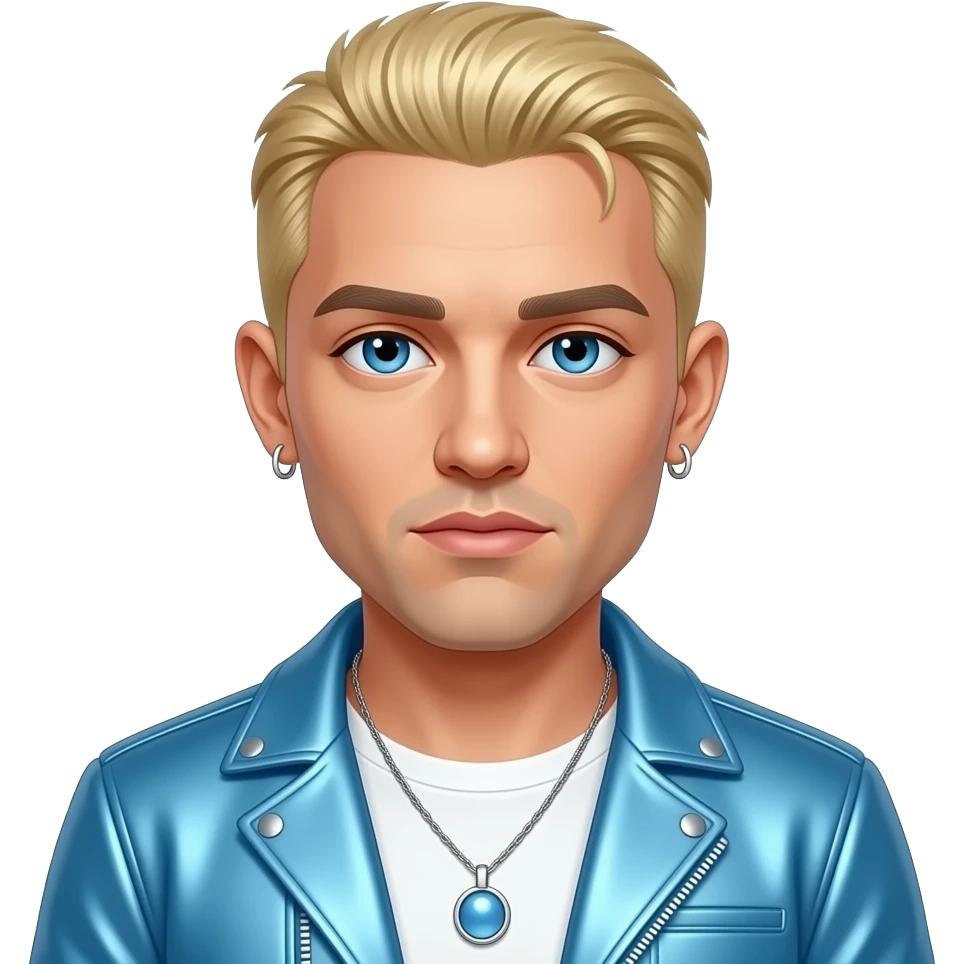 Eminem with blue eyes, blonde 90s caesar cut hair, white metallic shirt, baby blue metallic jacket, necklace and earrings emoji