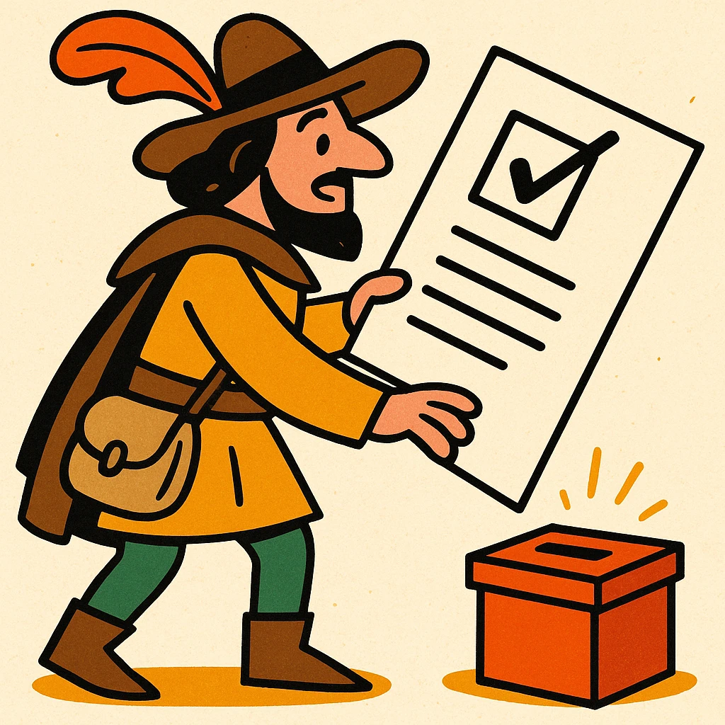 medieval pilgrim dropping a giant ballot into a tiny box, comical, vibrant toon style emoji