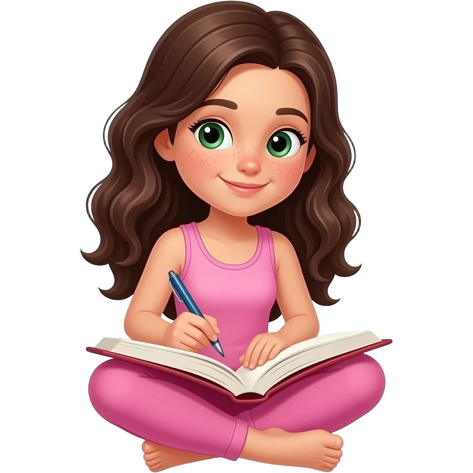 young girl in the style of iphone emoji people, fair skin, green eyes, freckles,long dark brown wavy hair, pink tank top and pink leggings, is writing a book emoji
