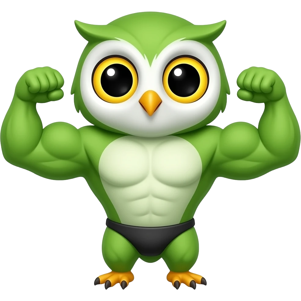 Cartoon cute tiny Baby owl Body building Green skin emoji