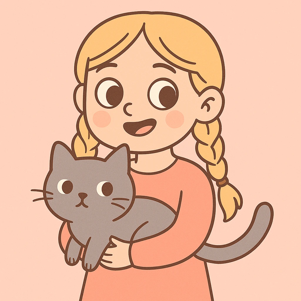 Change the girl's hairstyle to two braids, keep long blond hair, brown eyes, and a grey cat, in a soft pastel cartoon style with gentle colors and smooth shading. emoji