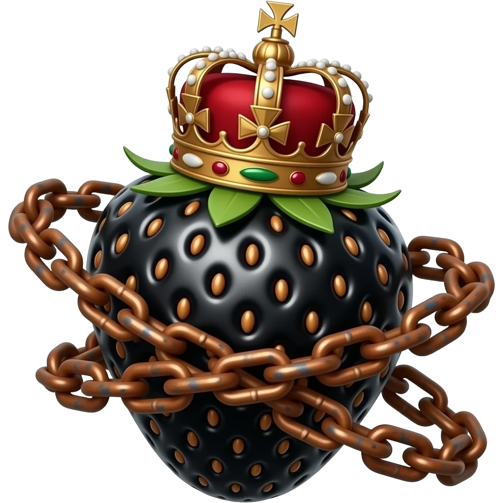 a black strawberry with a rusty, richly decorated English royal crown on top that is flaming. An oversized rusty chain is wrapped around the strawberry's body and is spinning around its body emoji