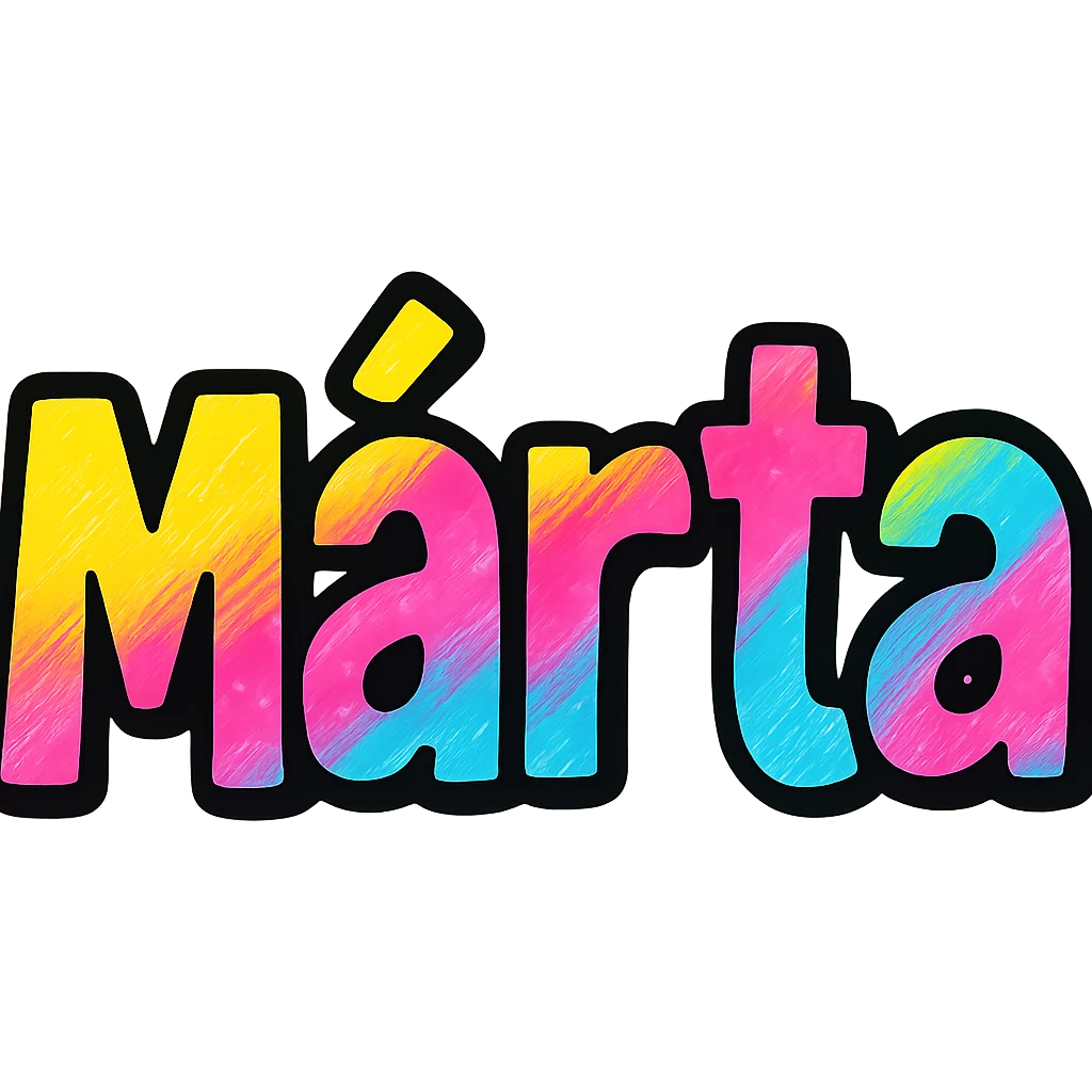 Márta name in modern colorful gradient font with dark outline, transparent background, in the style of sample images emoji