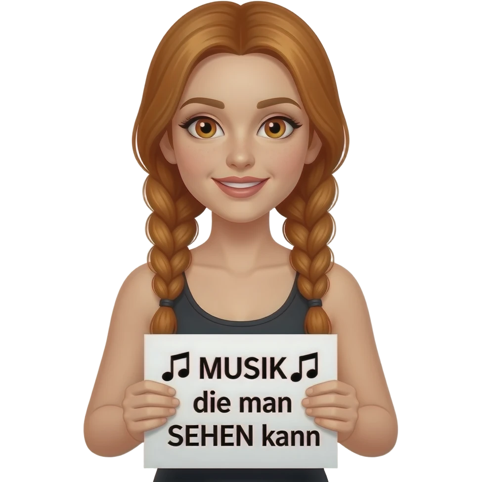 sexy girl with long ginger braids and ginger eyes wearing a black tanktop and is holding a white sign with 🎵MUSIK🎵 die man SEHEN kann written on it emoji