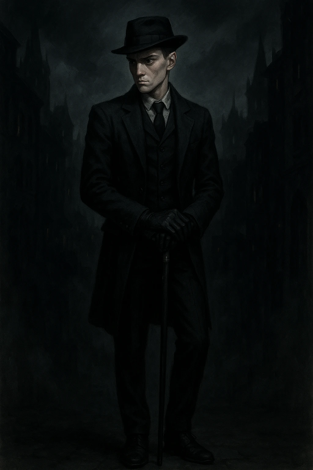 Kaz Brekker from Six of Crows, full body, leaning on cane, black gloves, dark tailored suit, shadowy city background emoji