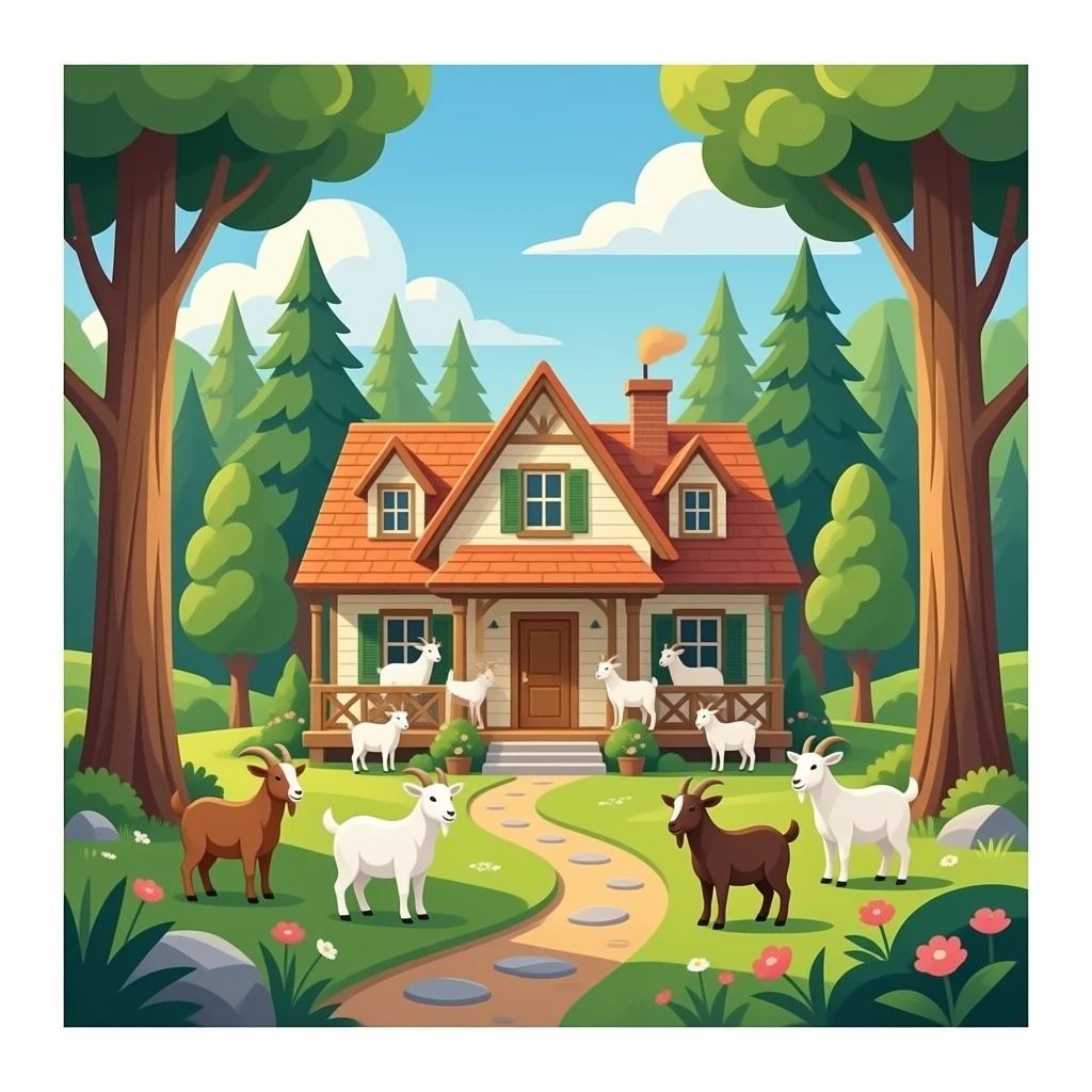 Hazme una casa grande donde viven unas 8 cabras. La casa esta  por en medio del bosque. Una casa acojedora y bonita ,que el bosque este llendo de animales bonitos i mucha natrualeza que toque un bastante los rayos de sol emoji