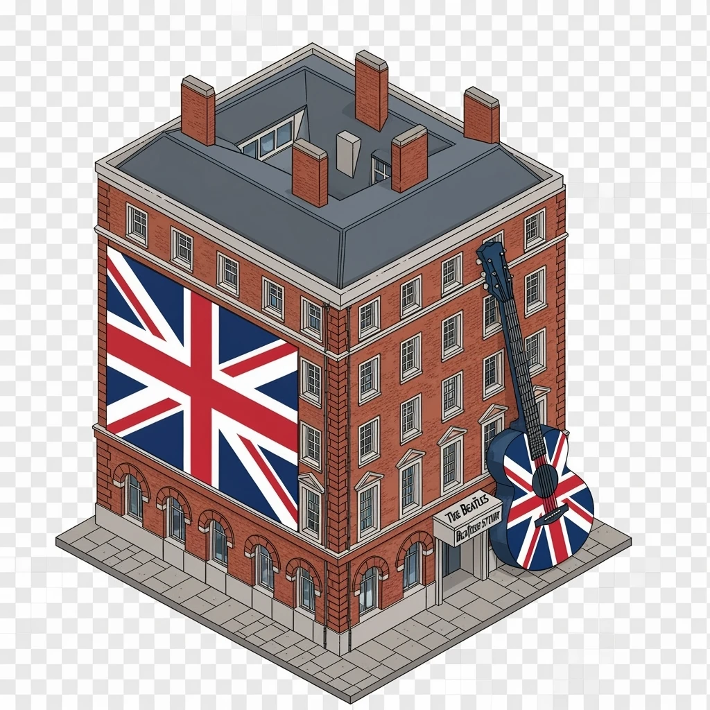 Isometric illustration of Liverpool photorealistic The Beatles Story museum, a Union Jack guitar and brick building in a miniature, slightly hand-drawn style, balanced between stylized and realistic, no cartoonish look, transparent background. emoji