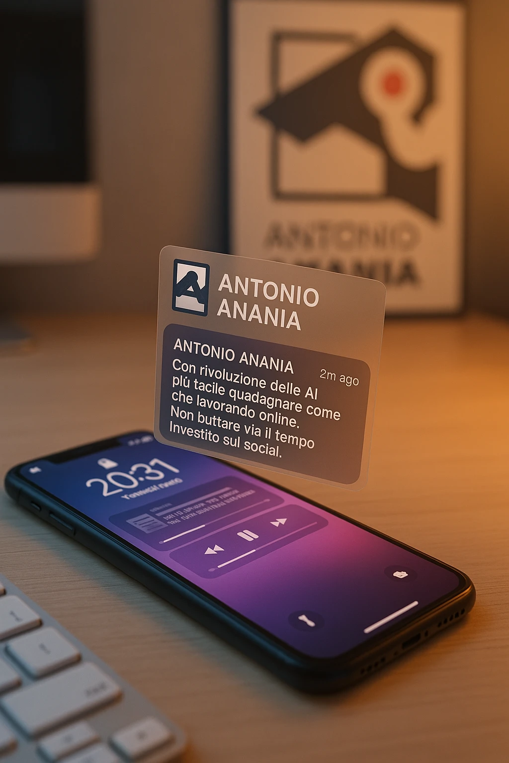 A photo of an iPhone with the message "Antonio Anania" on its scree, both surrounded by soft light and shadow. The phone sits atop a desk with a blurred background that suggests work environment. A faint glow from above casts gentle shadows across the surface of each object, creating depth and highlighting their textures. emoji