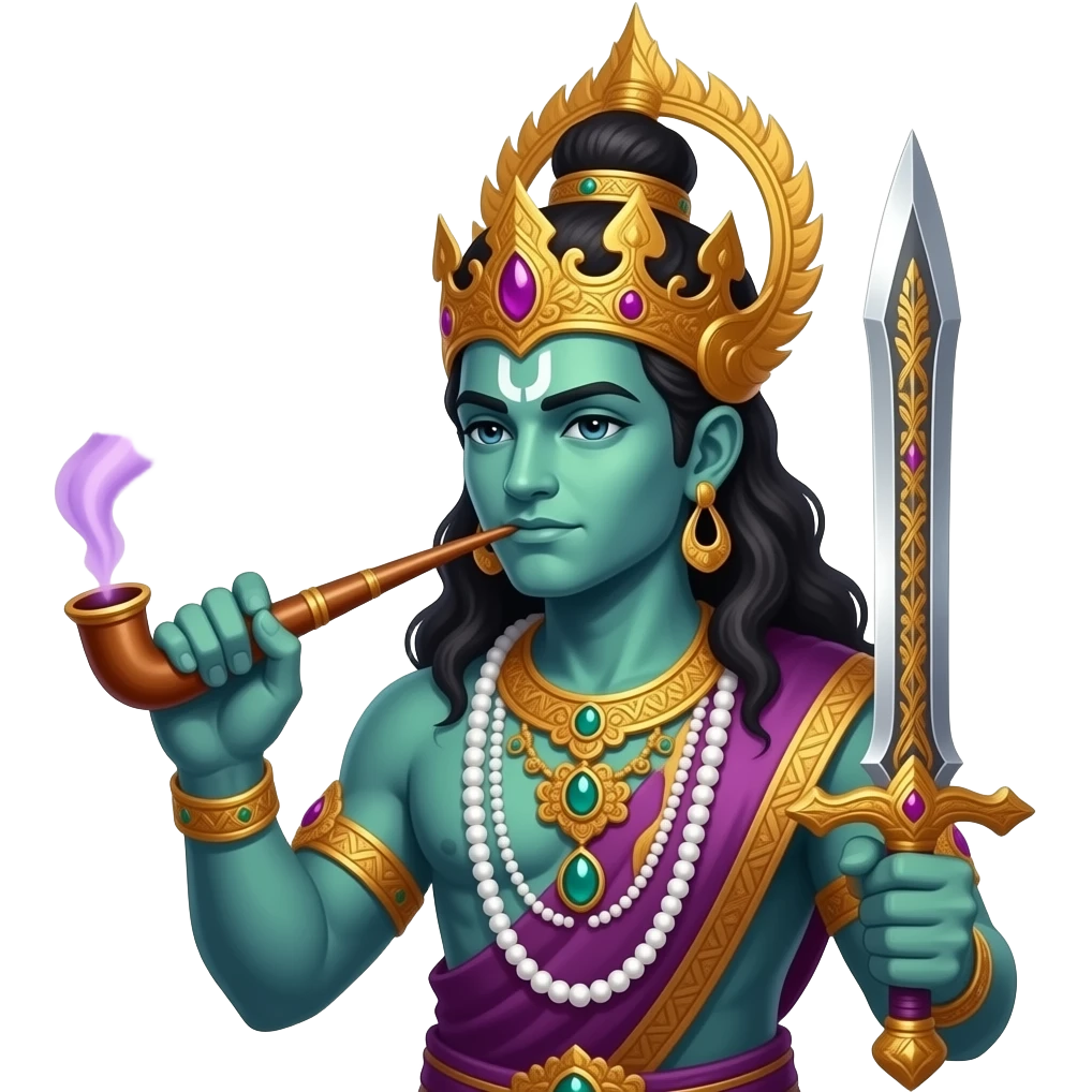 Maiyarap, the king of the underworld, purple-green skin, holding a magical blowpipe, releasing purple smoke of sleeping mist, holding a soul-snatching sword, intricate jewelry. emoji