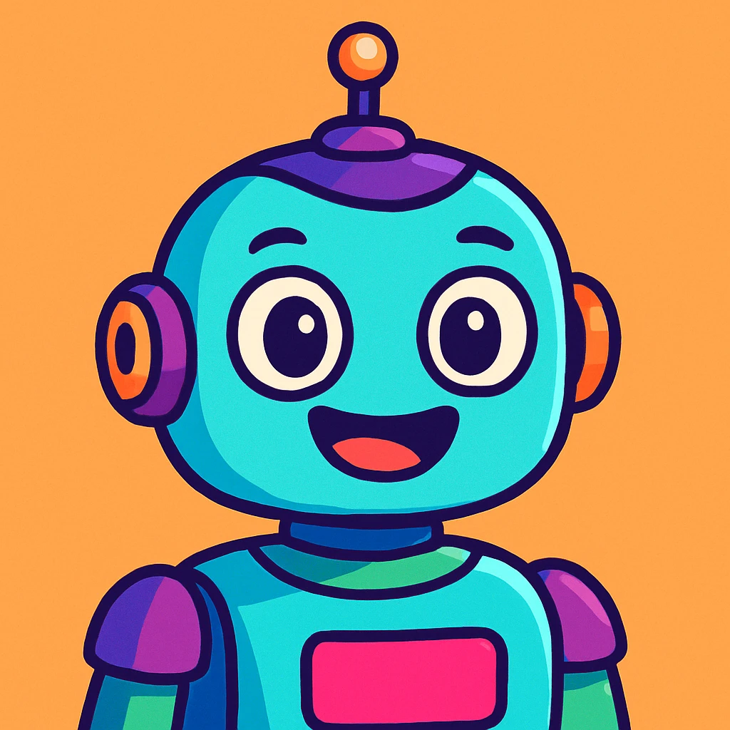 AI robot headshot, friendly and cartoonish, vibrant colors emoji