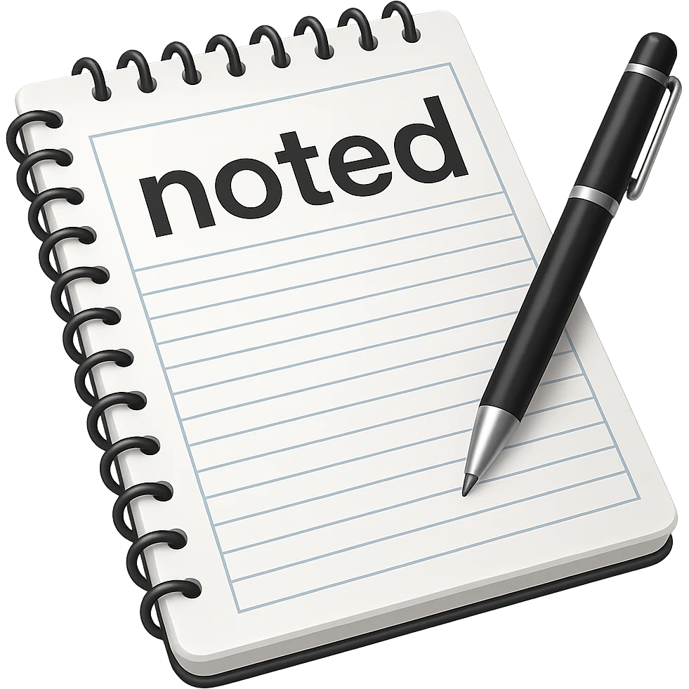 Add the word 'noted' in a clear, simple font integrated with the apple style emoji. Keep the apple emoji style look and ensure no background (transparent). emoji