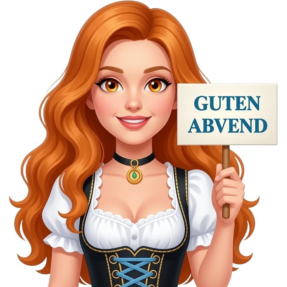 sexy girl with overlong ginger hair and ginger eyes wearing a dirndl holding GUTEN ABEND sign emoji