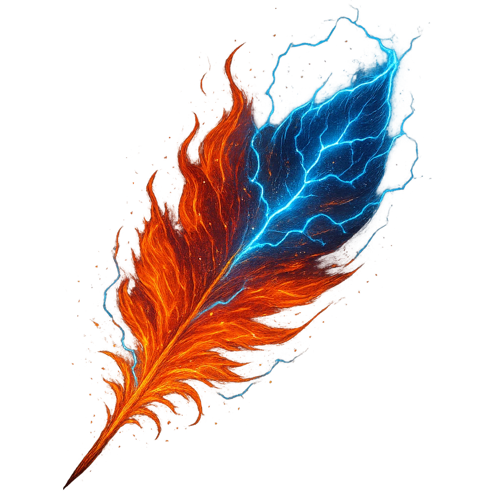 fiery phoenix feather, crackling with lightning, electric blue highlights, magical energy, detailed, vibrant, fantasy art emoji