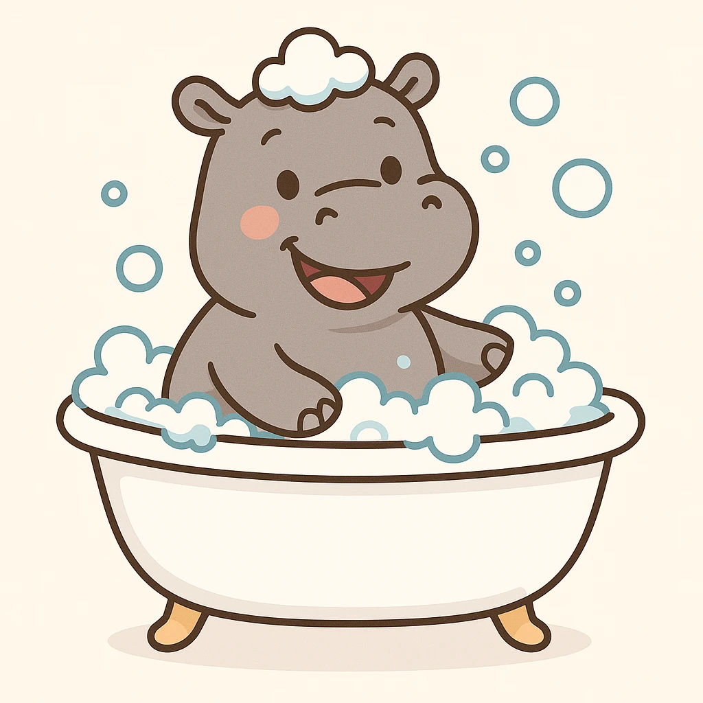 color vector art with thin outline of happy hippo with bubbles in bathtub emoji