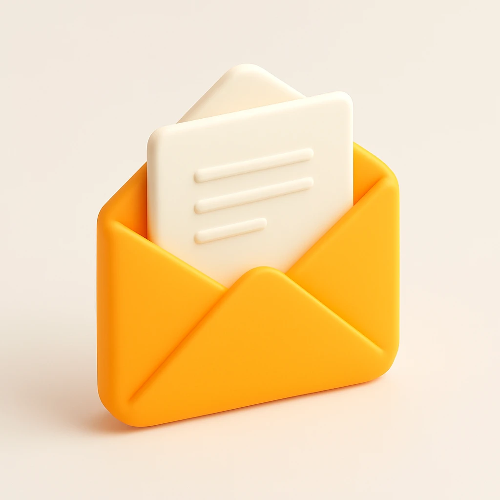 3D orange style email icon, envelope with a paper coming out emoji