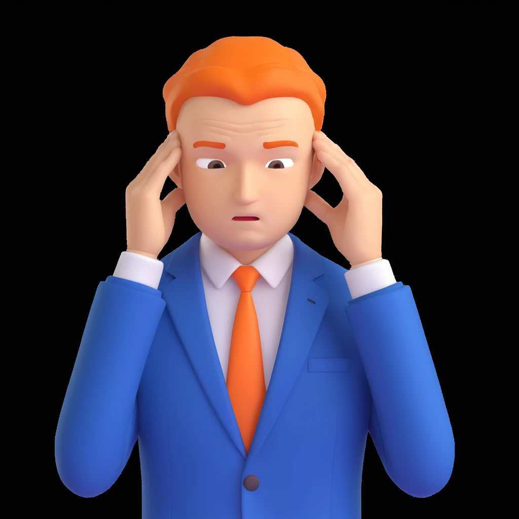 memoji style businessman in a blue suit, stressed expression, holding head emoji