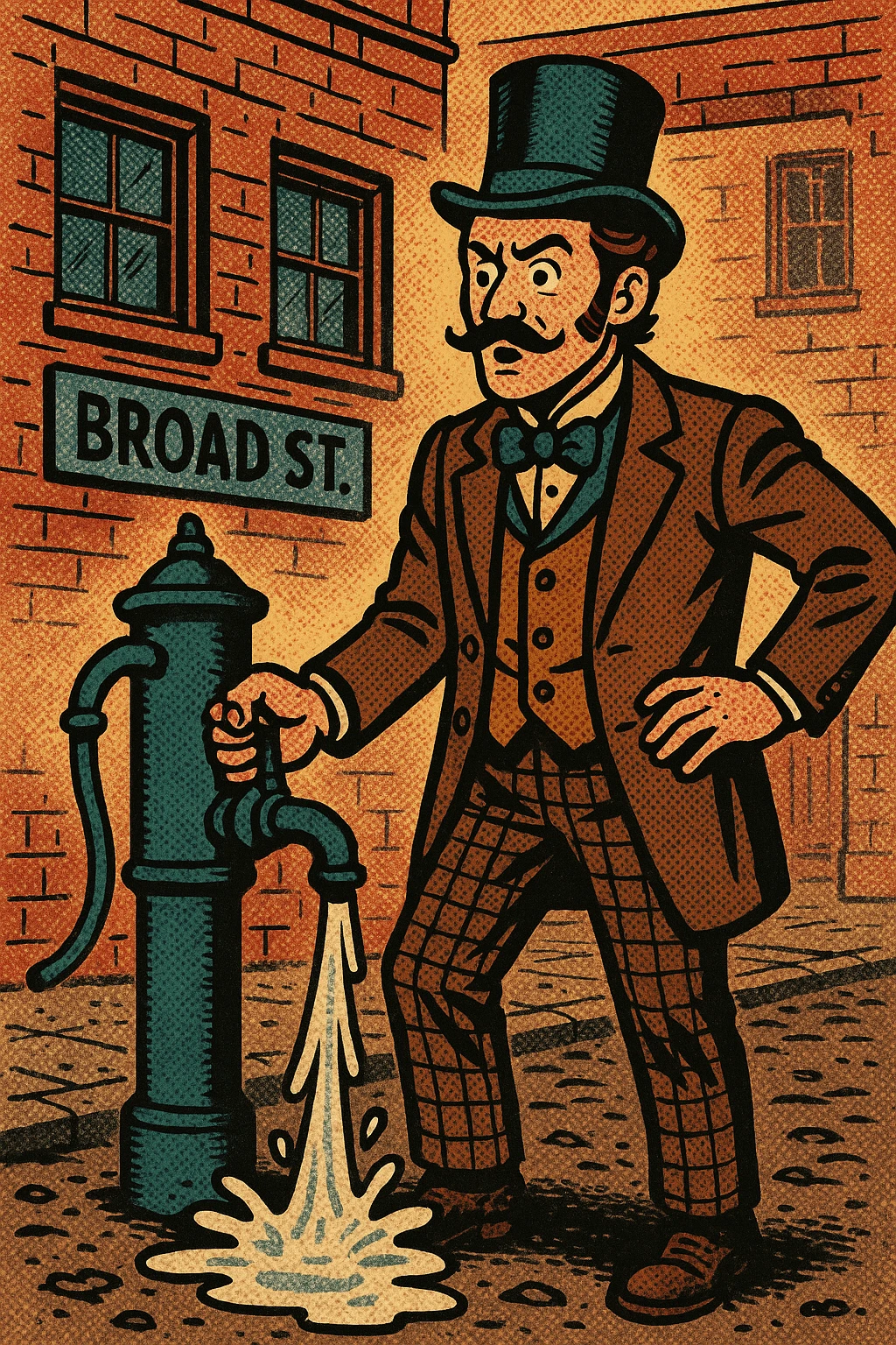 A victorian man standing on a dirty london street called Broad Street standing next to a broken water pump emoji