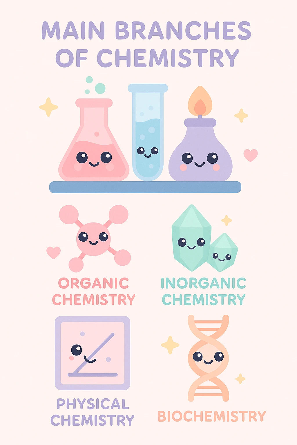 A creative and unique poster about the main branches of chemistry. The poster should have a central theme that ties all the branches together, such as a laboratory setup: Organic Chemistry, Inorganic Chemistry, Physical Chemistry, Analytical Chemistry, and Biochemistry. Include icons and illustrations for each branch, such as molecular structures for Organic Chemistry, crystals or minerals for Inorganic Chemistry, graphs or equations for Physical Chemistry, laboratory equipment for Analytical Chemistry, and DNA strands or biological molecules for Biochemistry. Use a vibrant and cohesive color scheme with different colors for each branch. The layout should be clean and organized with clear headings and concise descriptions. emoji
