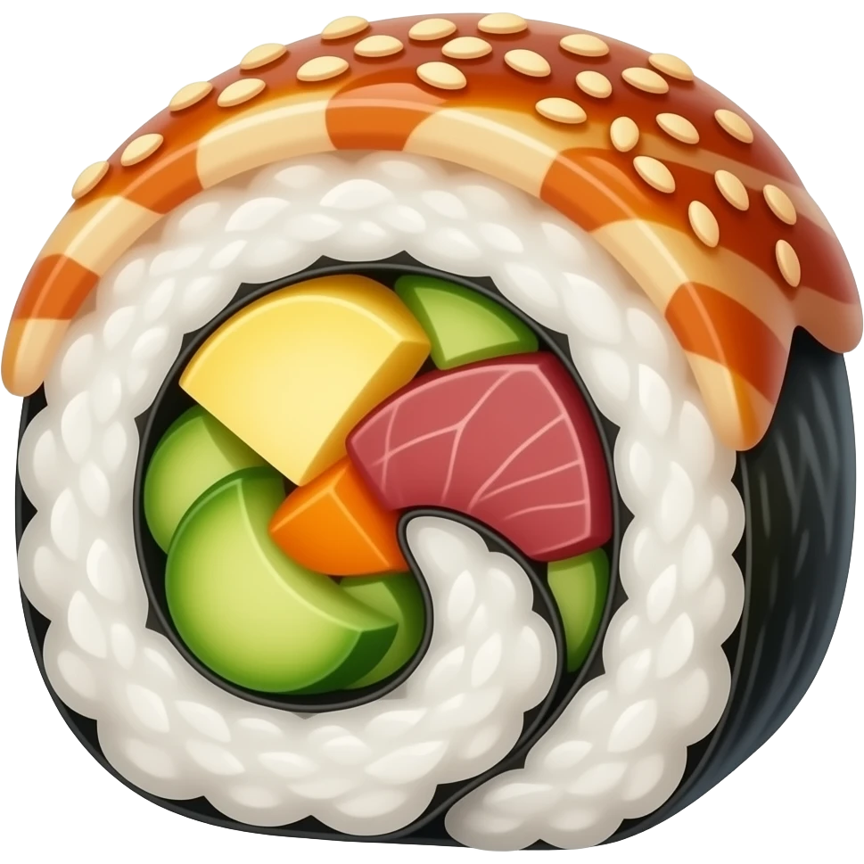 Korean tuna gimbap, realistic, sliced roll, colorful vegetables, sesame oil shine, sesame seeds, clean background, studio lighting emoji