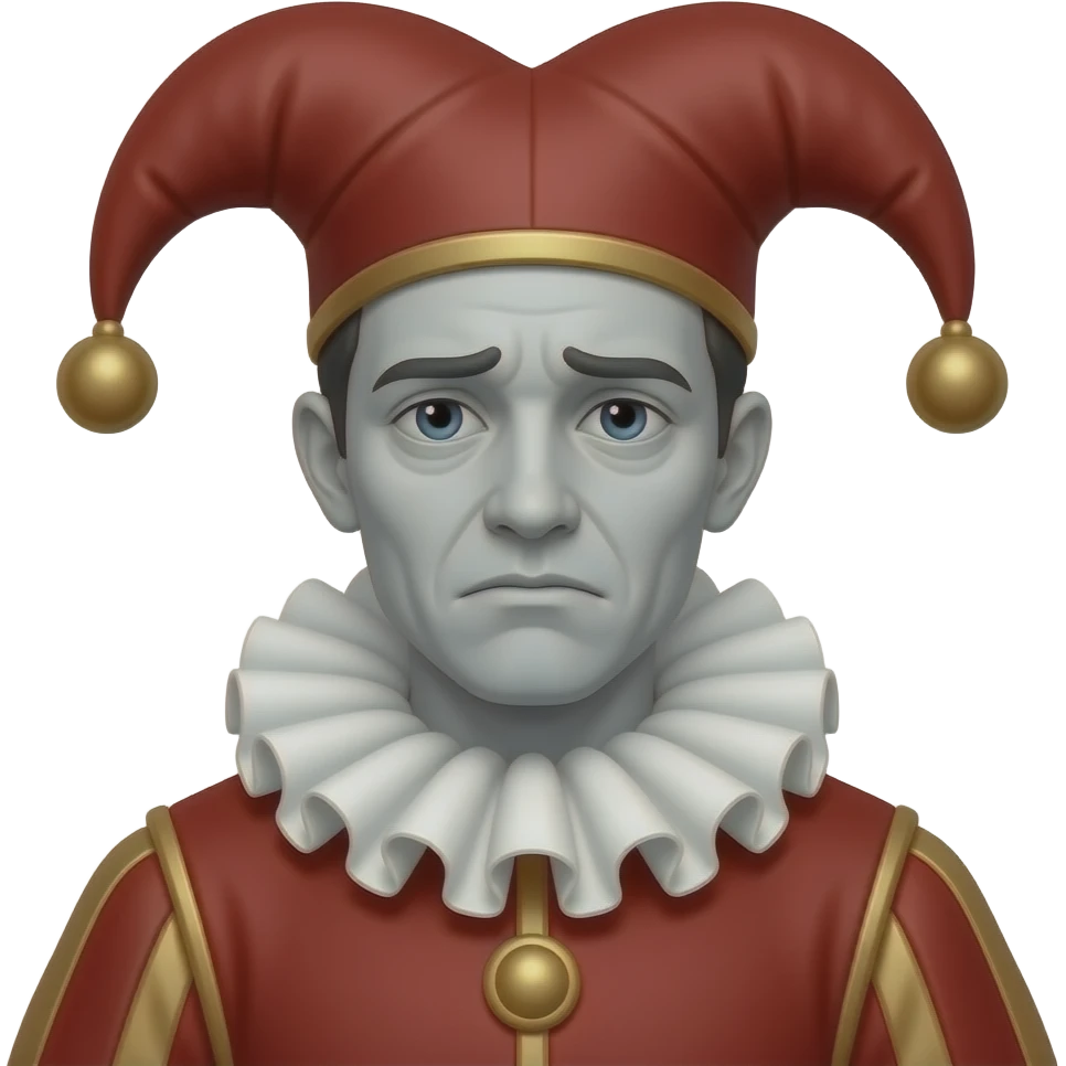 He wears a traditional red jester outfit with a soft pointed cap featuring small bells, subtle gold accents, and a white ruffled collar. His face is pale, slightly melancholic, with a thoughtful, ironic expression emoji