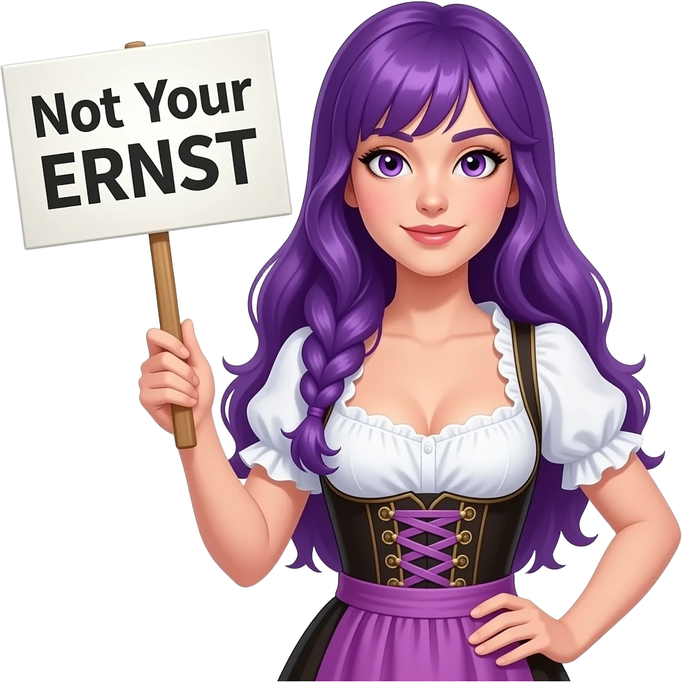 sexy girl with long purple hair and purple eyes wearing a dirndl holding a Not Your ERNST sign emoji