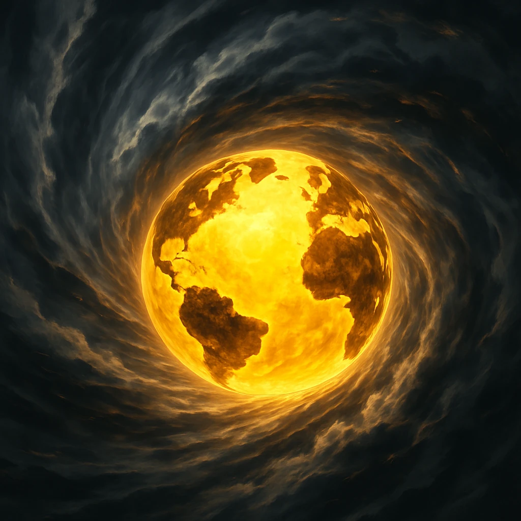 spinning yellow globe surrounded by hurricane winds, dramatic, energetic emoji