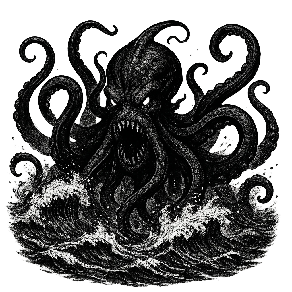black fierce kraken, emerging from waves, intimidating look, stylized as a dramatic sea monster, dynamic and detailed illustration emoji