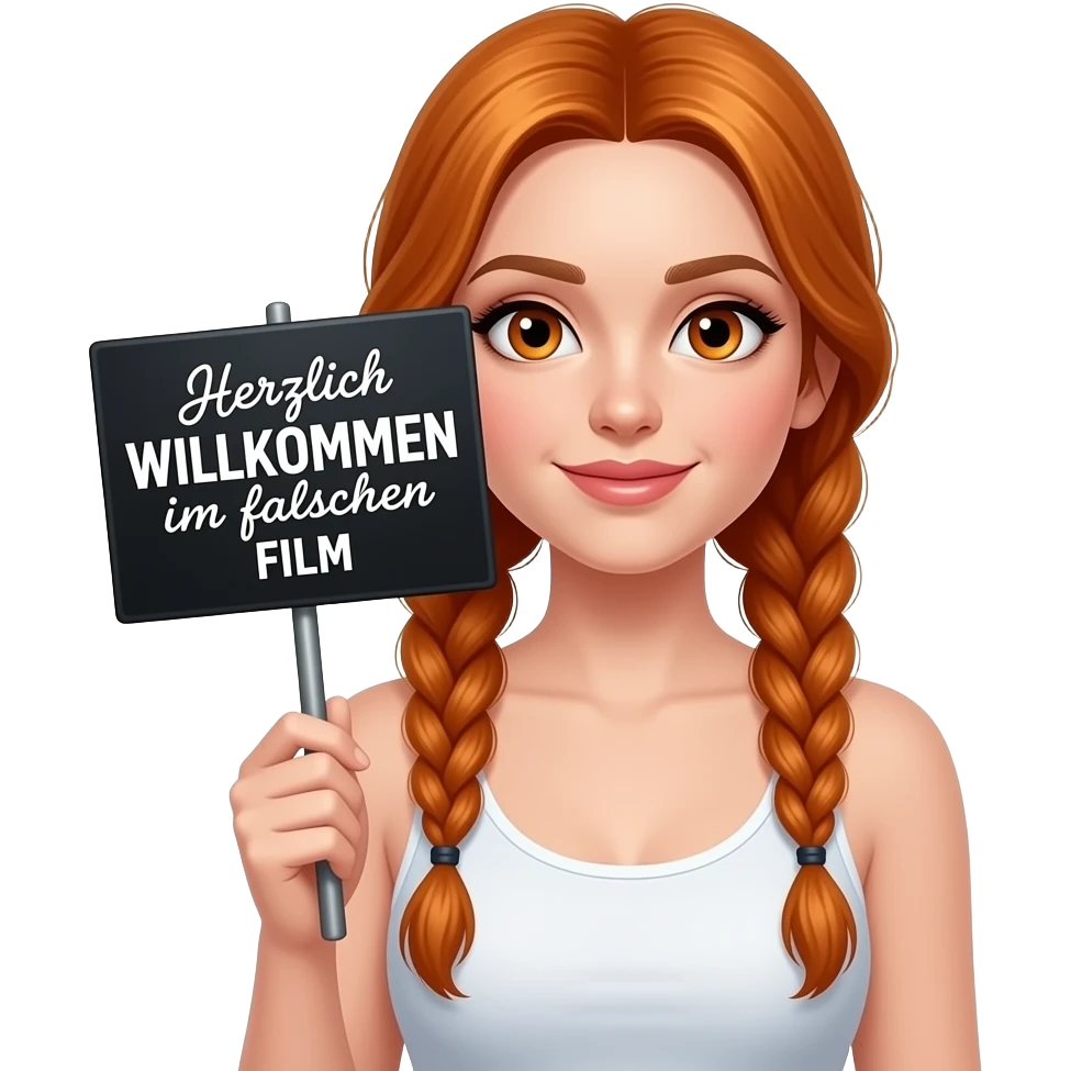 sexy girl with long ginger braids and ginger eyes wearing a white tanktop is holding a black sign with Herzlich WILLKOMMEN im falschen FILM written on it emoji