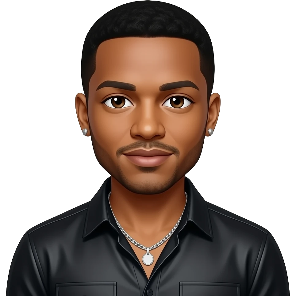 Trey Songz with dark brown eyes, black hair, black metallic shirt, silver necklace and short earrings emoji