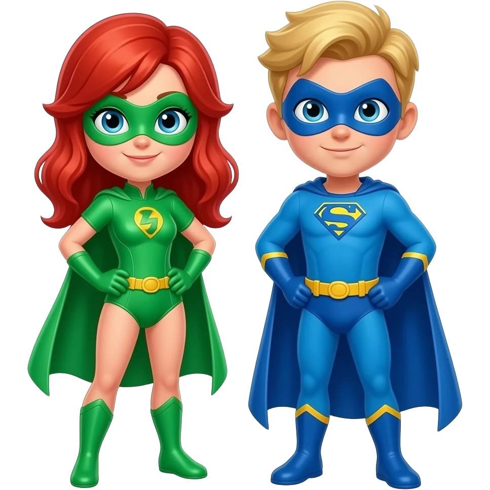 quiero que me hagas a una superheroina con el pelo pelirrojo mascara verde i con un traje verde niña pisando a un supereroe con el pelo rubio mascara azul i con un traje azul niño emoji