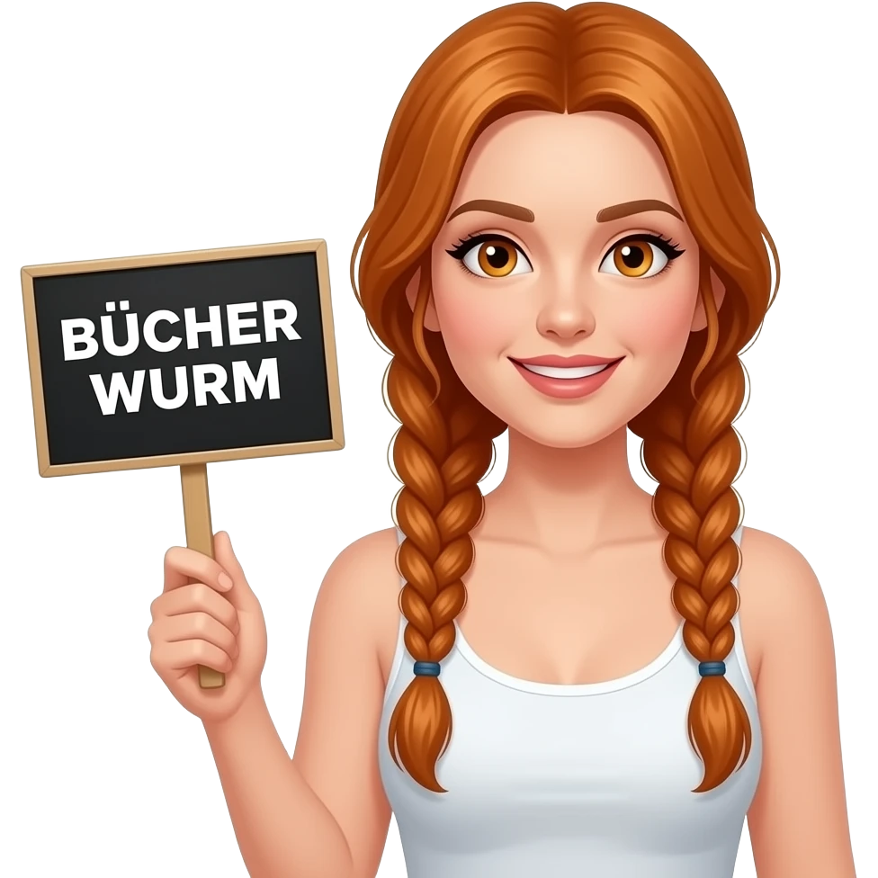 sexy girl with long ginger braids and ginger eyes wearing a white tanktop is holding a black sign with BÜCHER WURM written on it emoji
