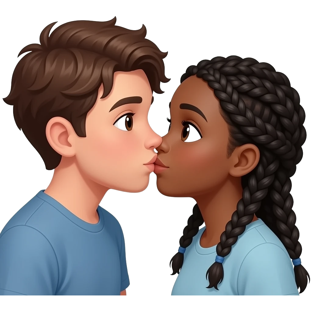 Boy with brown hair kissing black girl with braids emoji