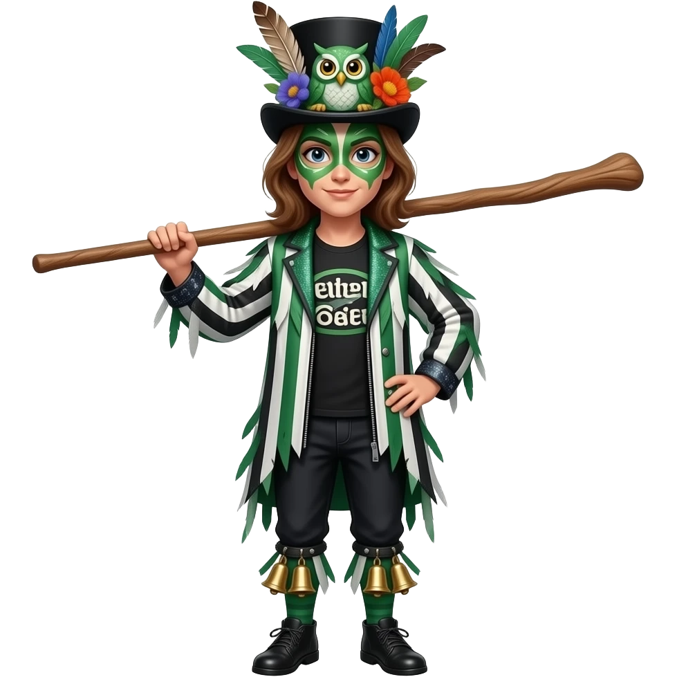 A Female Morris dancers carrying a stick with a ragged jacket in black white and green stripes with the occasional piece of sparkly fabric. A top hat decorated with lots of feathers flowers and green face paint that looks like an owl.back t shirt. Bells below the knees emoji