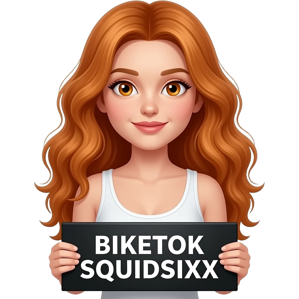 sexy girl with long wavy ginger hair and ginger eyes wearing a white tanktop is holding a black colored sign with BIKETOK SQUIDSIXX written on it emoji