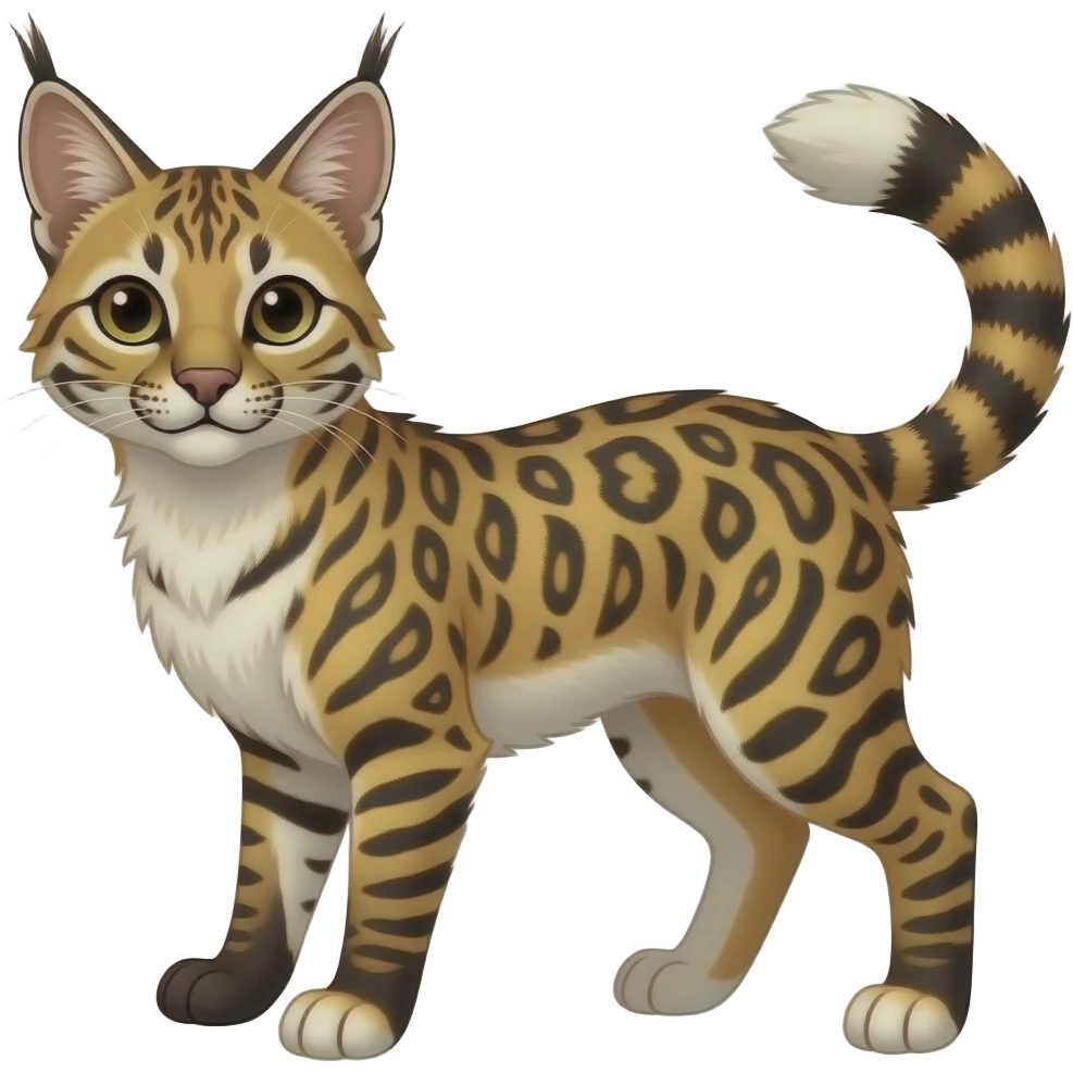 Tribal-Patterned vernid-Civet-Genet-Bobcat-Caracal-Serval-animal-hybrid-mix fantasy creature LiLaiRa Kamirah Falvie whiskers paws full body gradient stripes tufted tail feline emoji