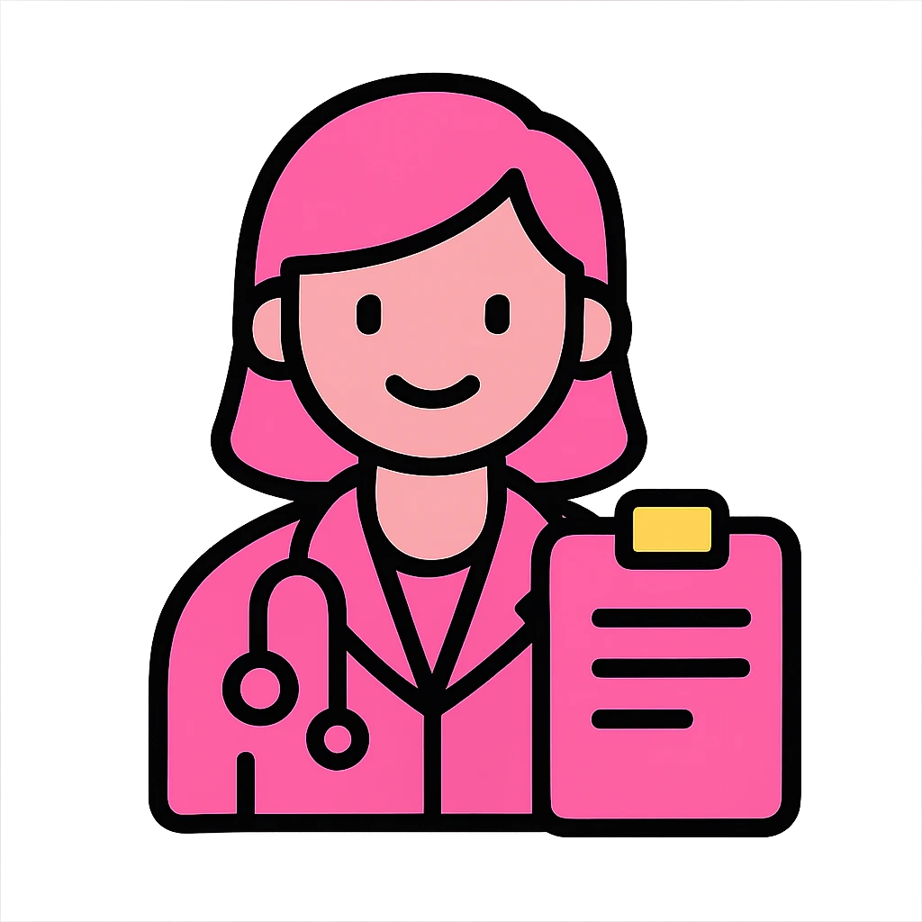 a pink-themed doctor holding a clipboard, friendly expression, modern icon emoji