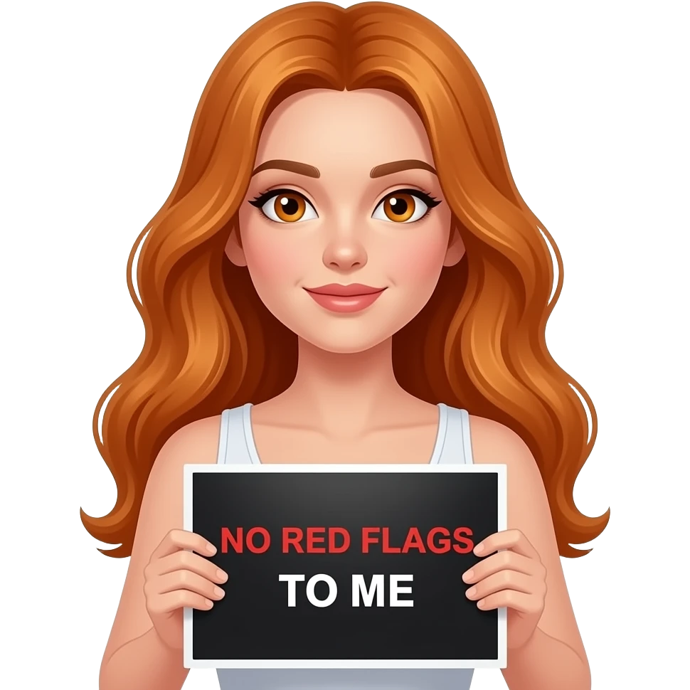 sexy girl with long wavy ginger hair and ginger eyes wearing a white tanktop is holding a black colored sign with NO RED FLAGS TO ME written on it emoji