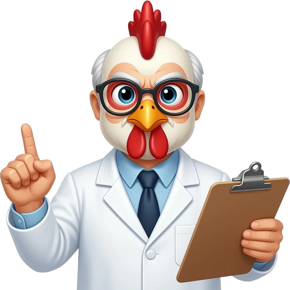 Older doctor that is a chicken with glasses holding a clipboard judging you emoji