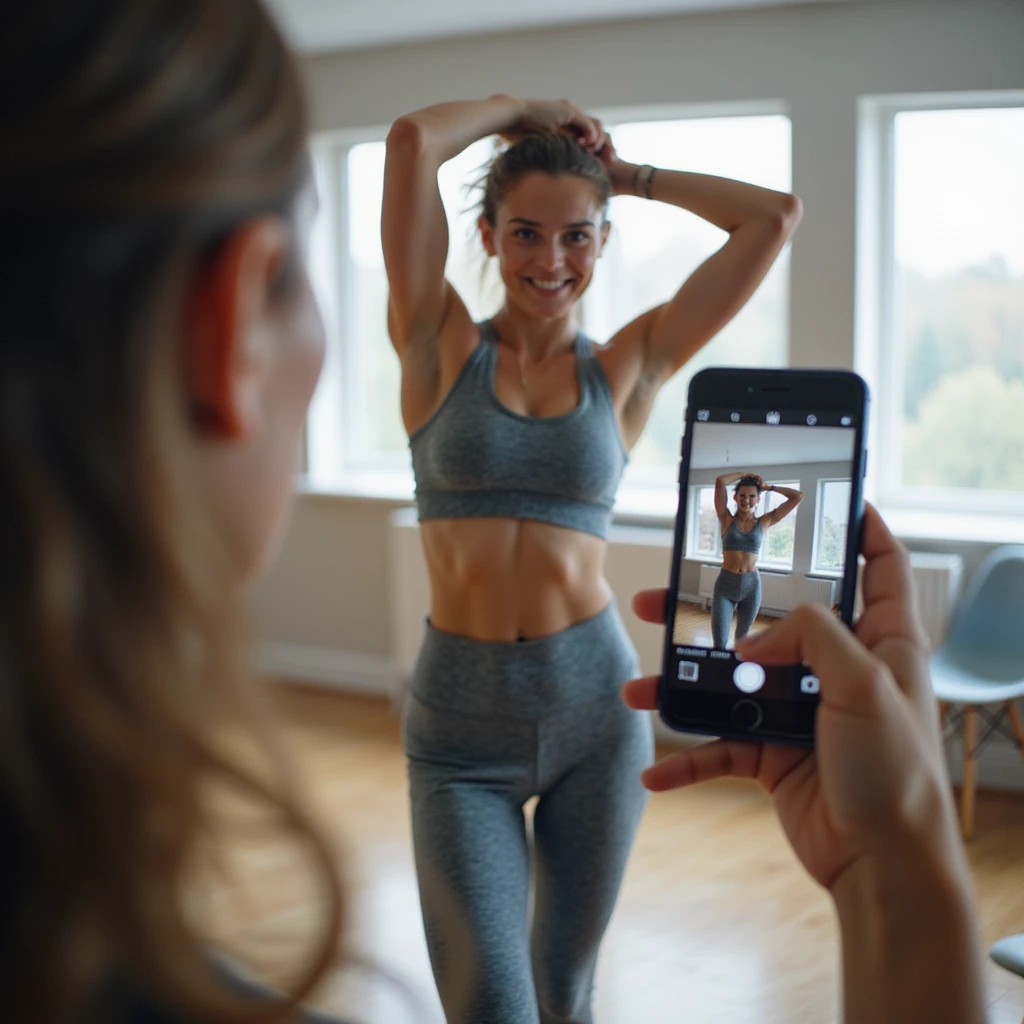 young woman in fitness clothing, side pose with raised arms, recording video check for coach with smartphone, bright and tidy environment, hyperrealistic details, 4K emoji