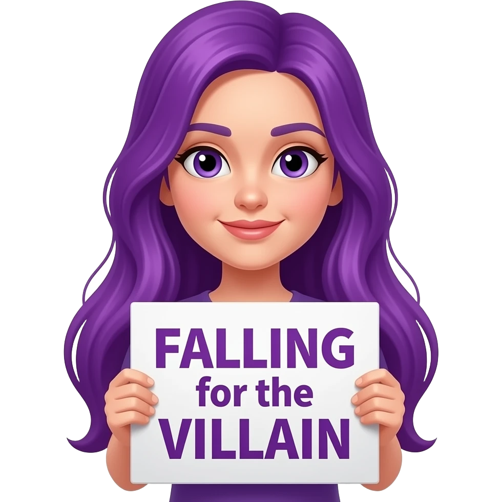 girl with long purple hair holding a FALLING for the VILLAIN sign emoji