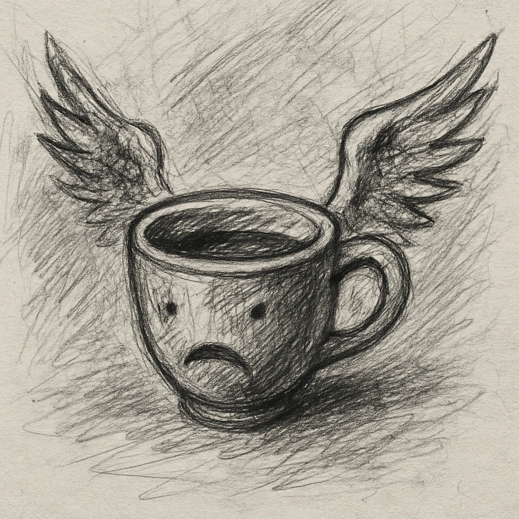 a cup with wings, pencil sketch style, rough and expressive, sketchbook background emoji