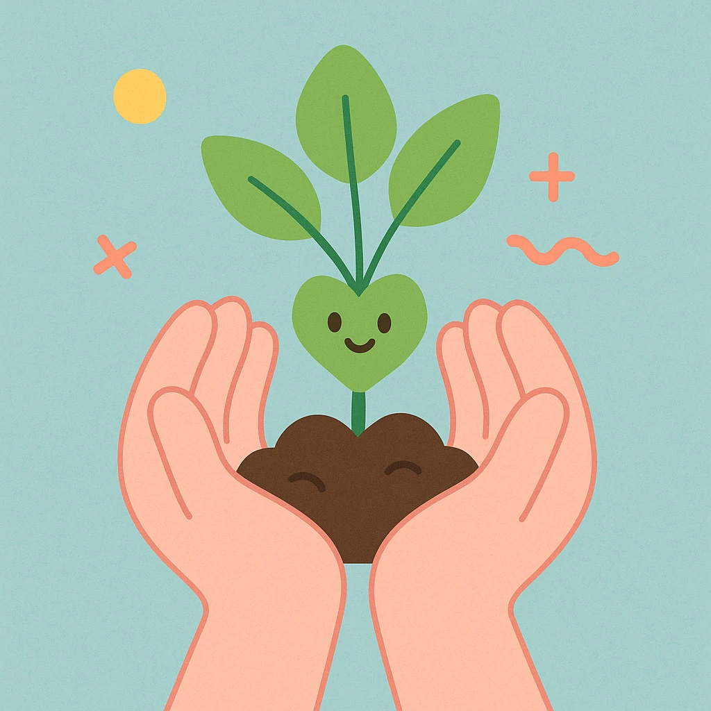 pair of hands holding a small plant, symbolizing care for the environment, soft pastel style emoji