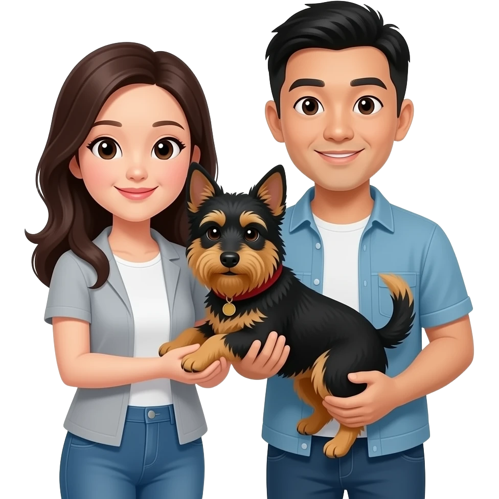 Asian couple holding black mixed terrier dog emoji