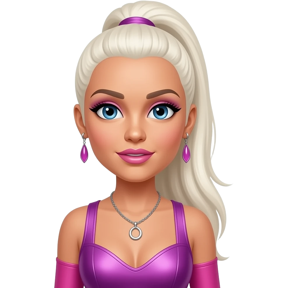 Kimberly Wyatt from The Pussycat Dolls with blue eyes, long white-blonde straight high ponytail hair, pink and purple r&b outfit, necklace and earrings emoji