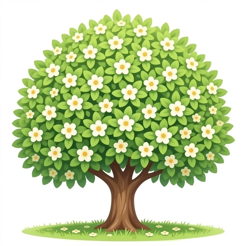 Apple-style blooming tree, round soft green canopy. Small white and yellow flowers inside the leaves emoji